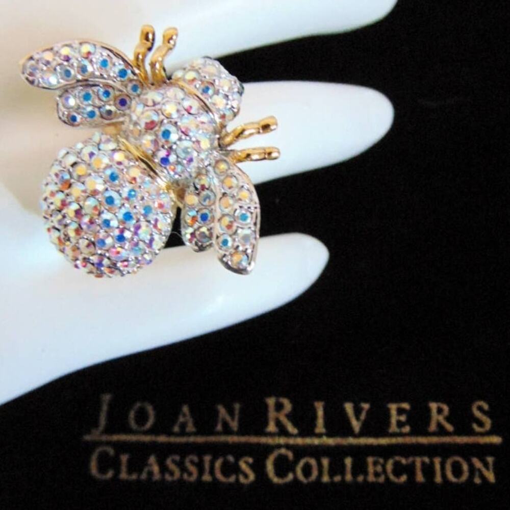 Joan Rivers Crystal Bee Ring Womens Sz 8 Aurora Borealis Rhinestone Gold Jewelry